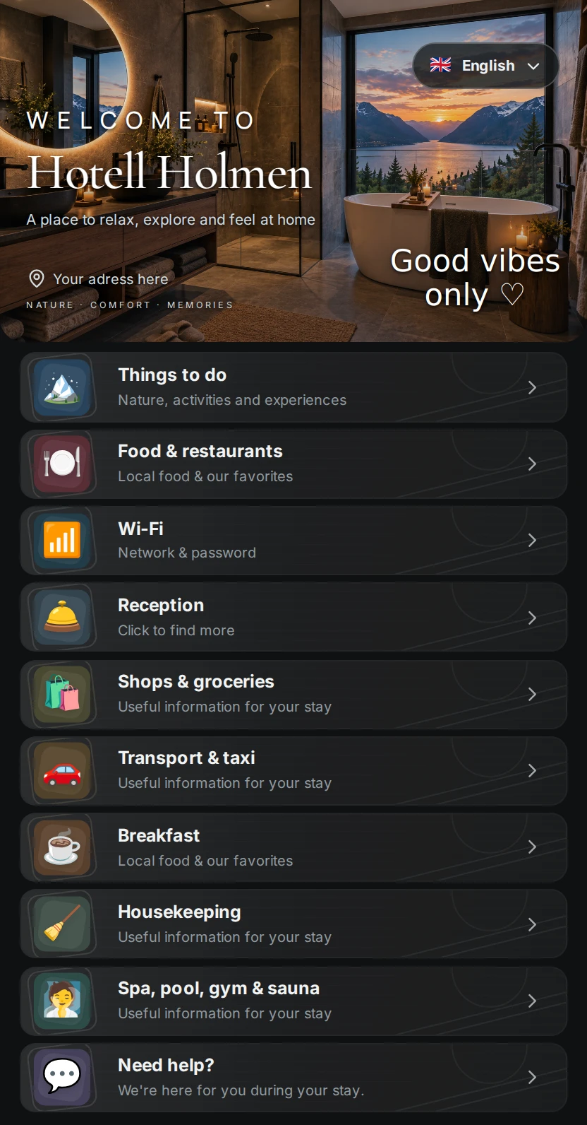 Hotell Holmen guest guide: the property photo and guest information tiles